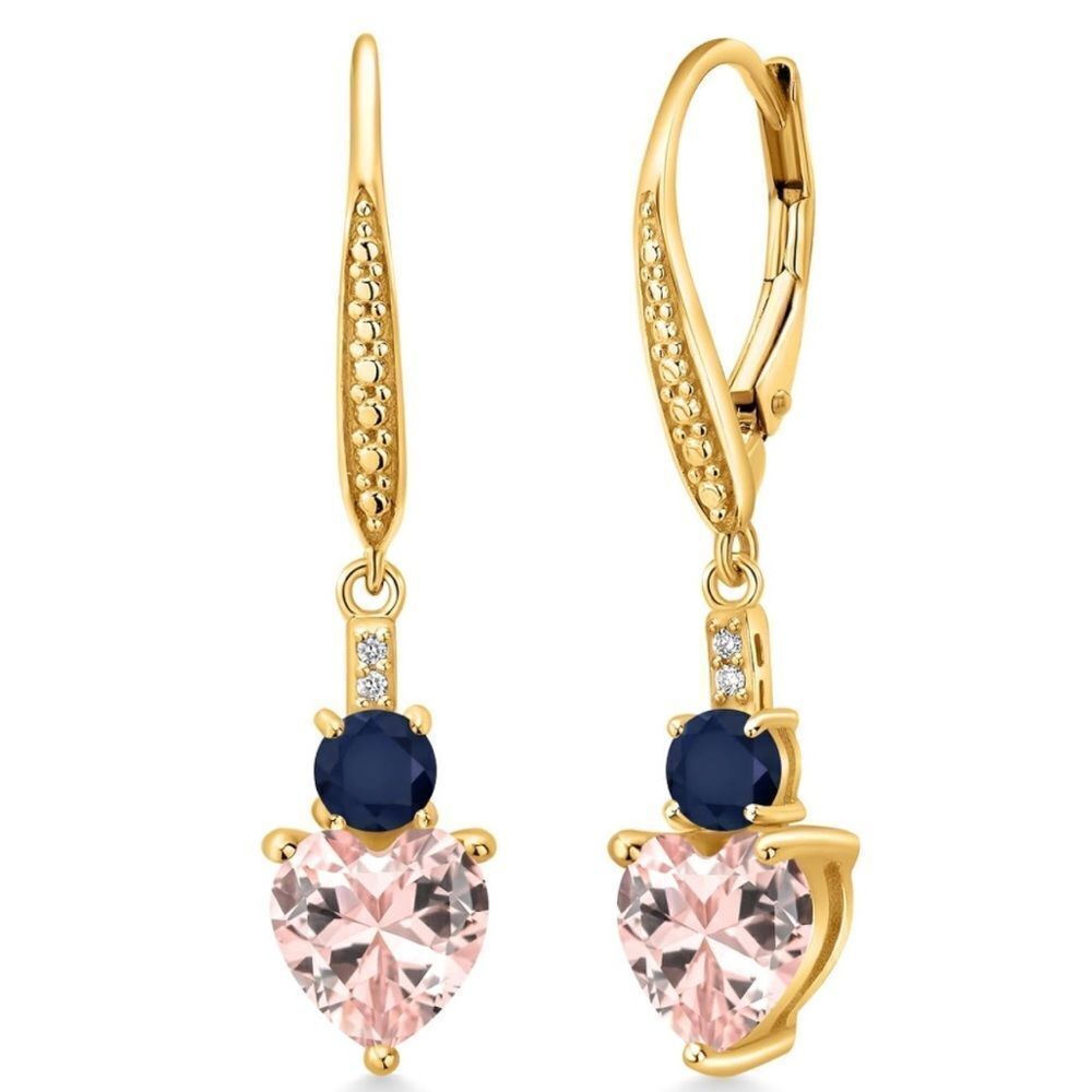 18K Yellow Gold with 3.23 Cttw Peach Morganite and Blue Sapphire Heart Earrings